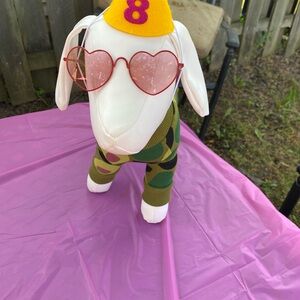 Dog Mannequin with Camouflage Sweater and Pink Heart Glasses